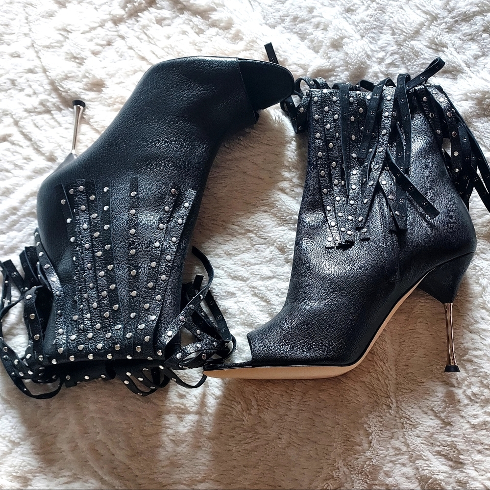 Brian Atwood Black Leather Studded Fringe  Ankle Booties Sz-41/10